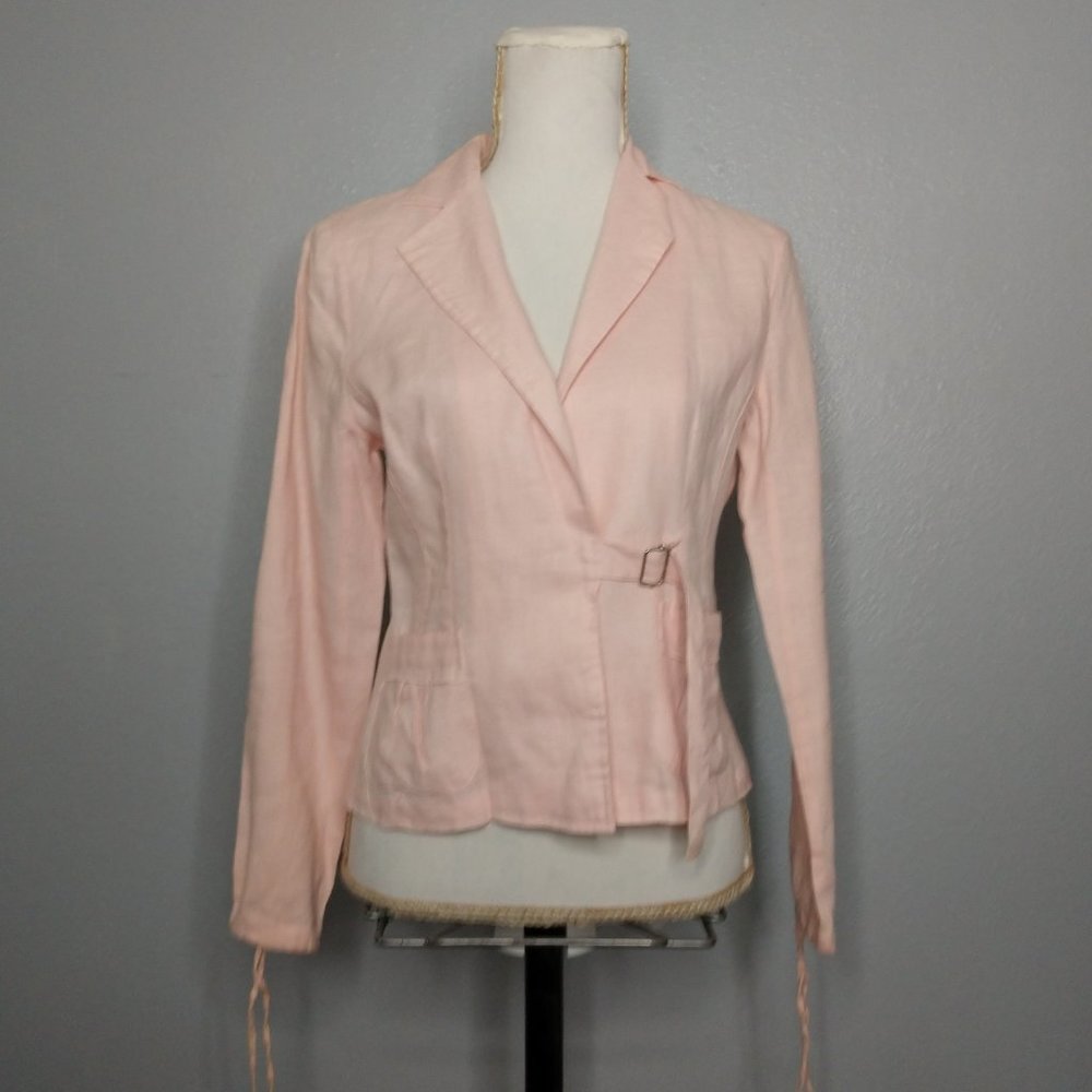 Animale Women's XS Pink 100% Linen Button Tie Strap Blazer Jacket Sheer Career